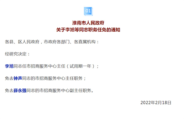 淮南市人民政府  關于李旭等同志職務任免的通知