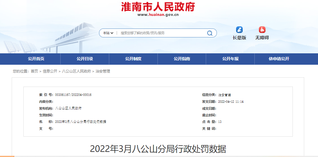 2022年3月淮南八公山分局行政處罰數(shù)據(jù)