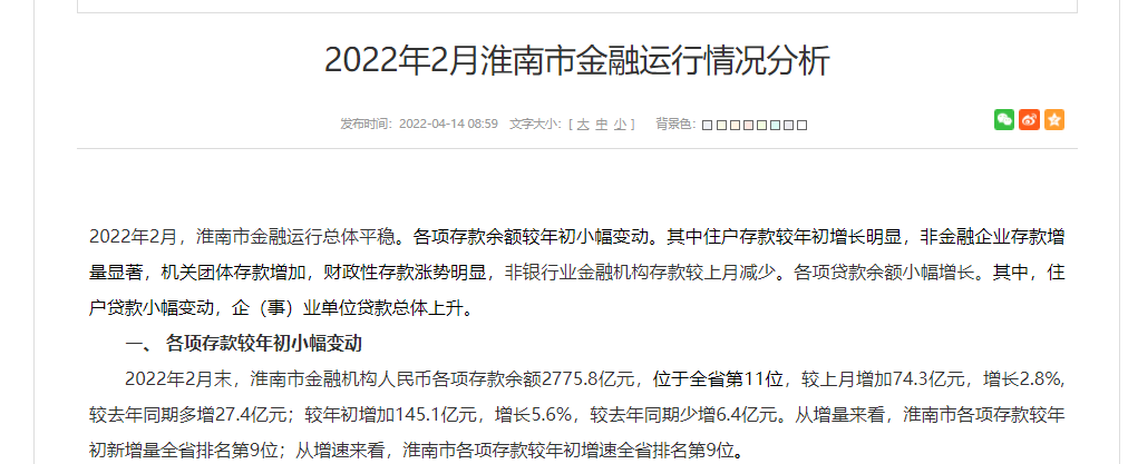 2022年2月淮南市金融運(yùn)行情況分析